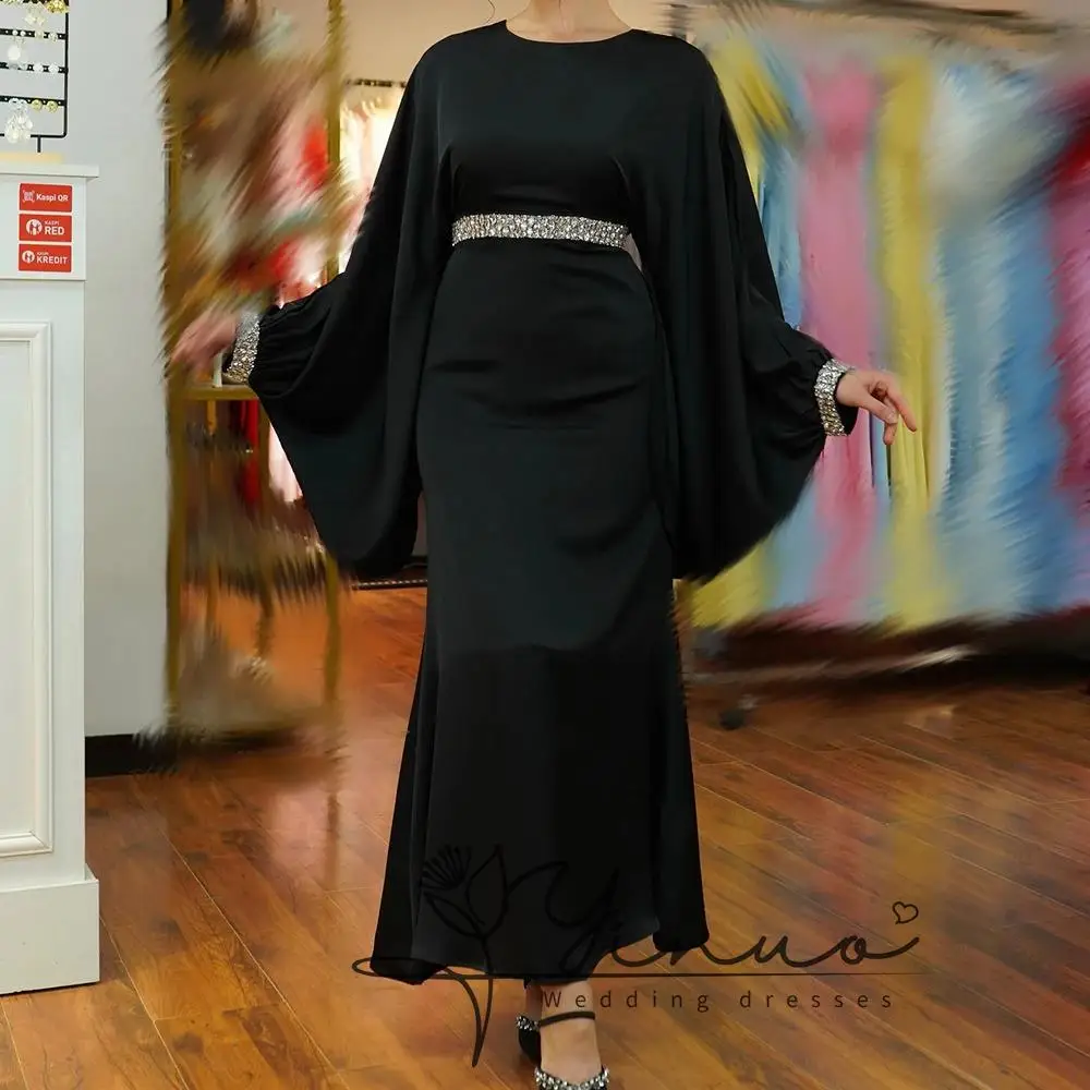 

customized A-line Evening Dresses Ankle-length O-neck Full Sleeve Prom Gown Fashion Crystal Simple Draped Casual Party Gown