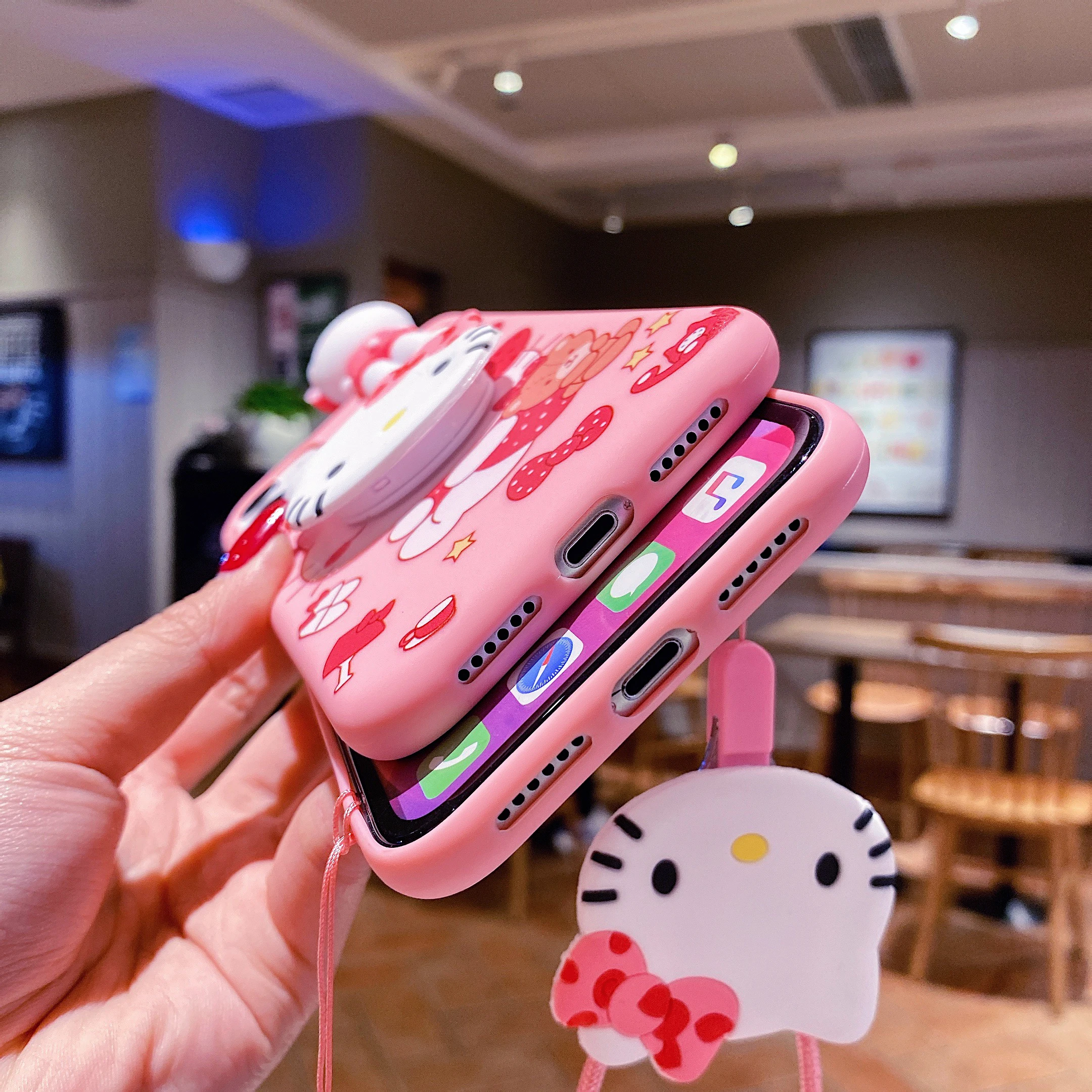 For iPhone 17 16 16e 15 14 13 12 11 Pro Max Air XR X XS Max 6 6S 7 8 Plus SE 3D Cartoon Sanrio Kitty Melody Holder Lanyard Case
