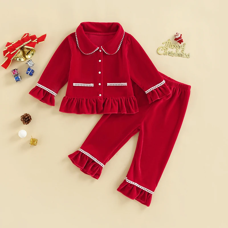 1-5Y Kids Girls Red Velvet Pajamas Set Children Autumn Winter Warm Long Sleeve Ruffle Shirts Pants Sleepwear Homewear Clothing