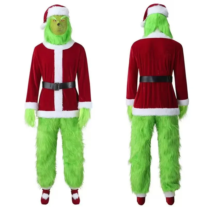 Green Monster Shaggy Santa Claus Costume Set with Gloves Mask for Christmas Party Prom Adult Halloween Cosplay Role Playing