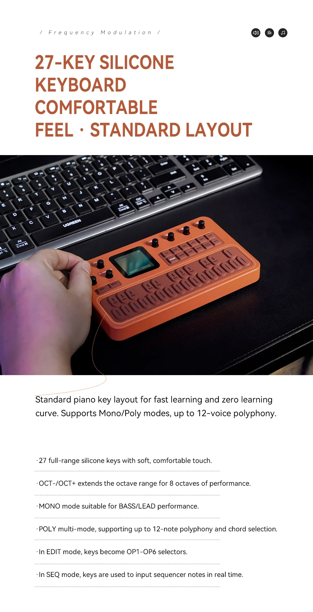 M-VAVE FM-1 Desktop FM Synthesis Keyboard, ANN Tone Clone Tech, 9 Built-in Effects Chain, Mono/Poly Mode, TFT Display