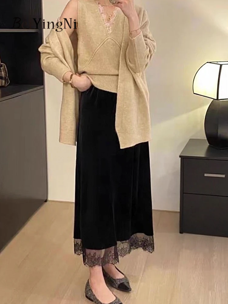 Beiyingni Autumn Winter OL Velvet Skirts Women Lace Patchwork Elastic Waist A-line Skirt Ladies Plain Warm Elegant Long Faldas