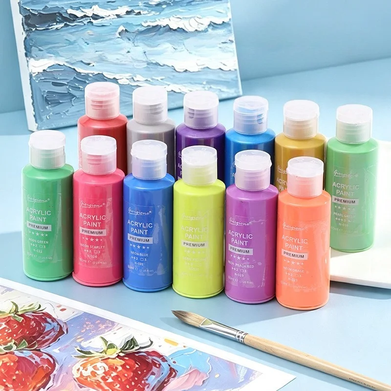Acrylic Paint Set Art Supplies 6 Colors 60ml Large Capacity Metallic Macaron Fluorescent Pigments for DIY Art Painting Craft