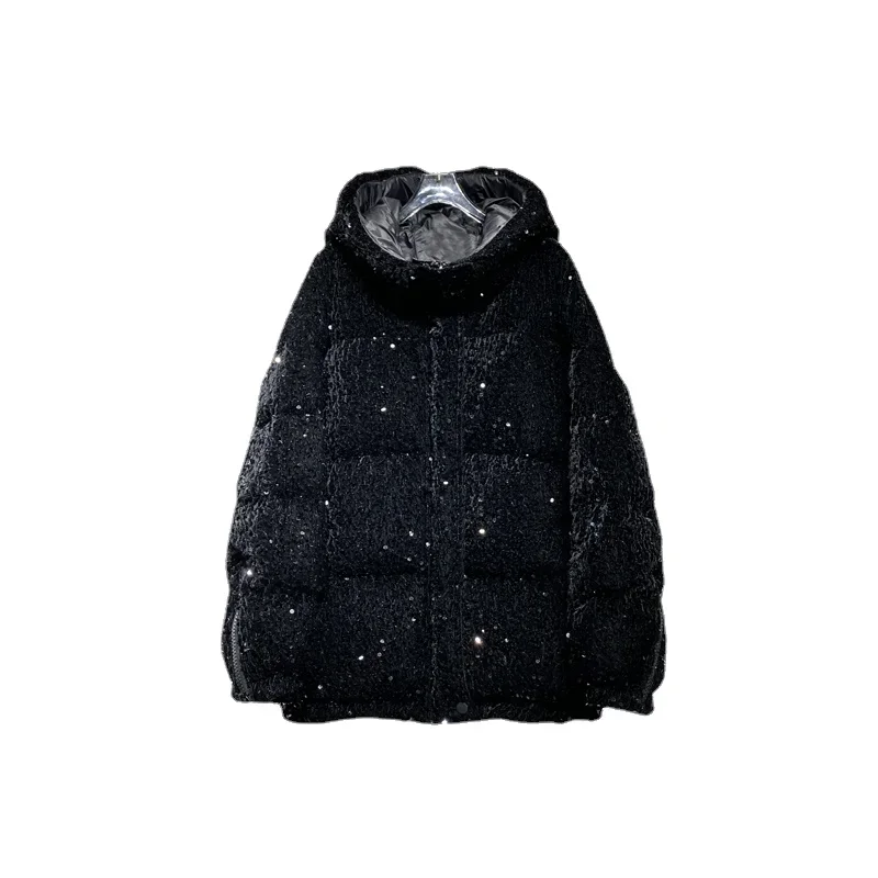 Piumino con cappuccio e paillettes in velluto resistente alla moda donna 2022 inverno nuovo ispessimento sciolto tenere in caldo il cappotto nero in piuma d'anatra