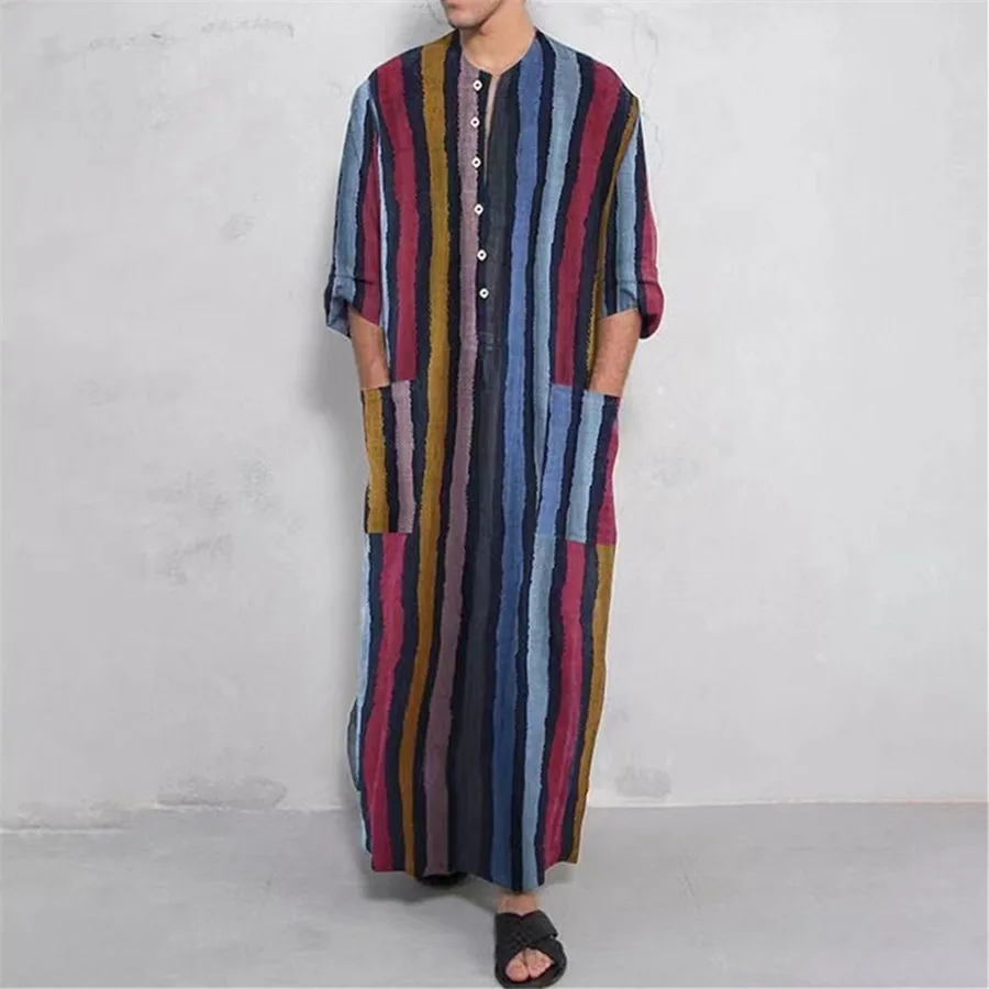 Muslim Men Clothing Nightgown Striped Ethnic Arabic Dubai Jubba Thobe Retro Cotton Islamic Abaya Caftan Man Oversized 5XL