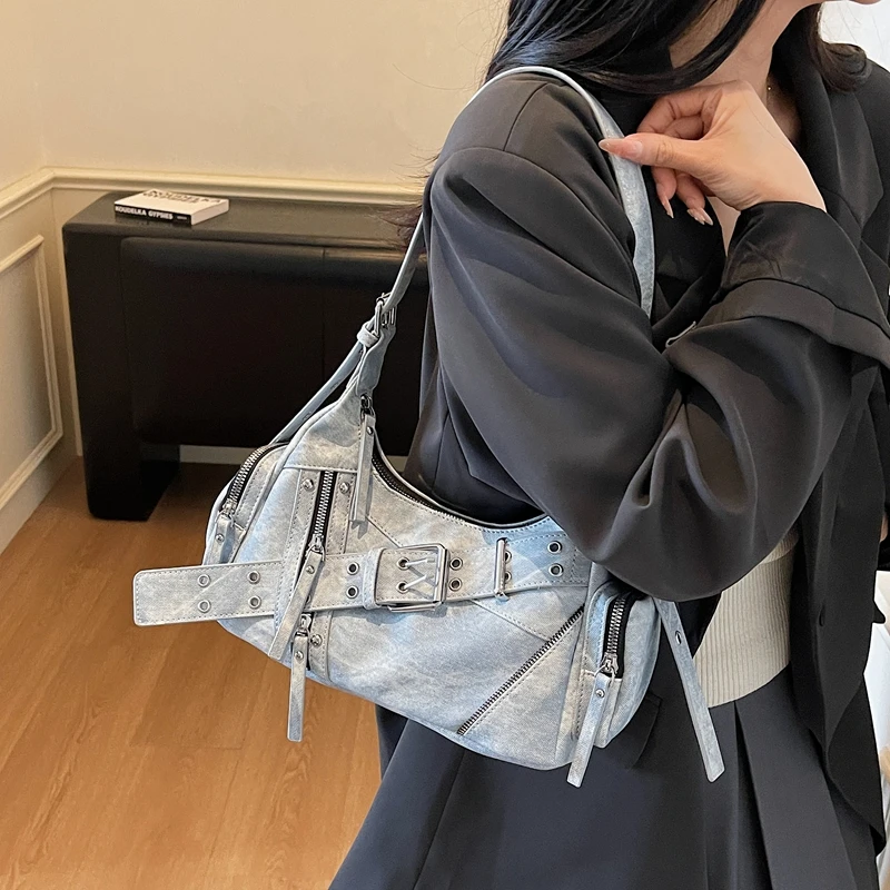 Rivet Design Half Moon Shoulder Bag 2025 New Punk Style Motorcycle Bag Vintage Pu Leather Underarm Crossbody Handbag And Purse #3