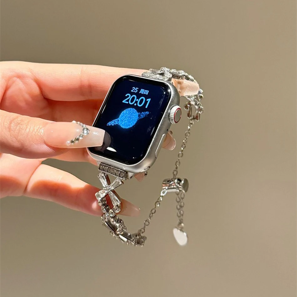 Strap For Apple Watch Band, 9, 8, 7, 6, SE, 5, 4, iWatch Ultra 2, 38mm, 40mm, 41mm, 42mm, 44mm, 45mm, 49mm, Bling luxuoso, diamante do brilho, bracelete do metal