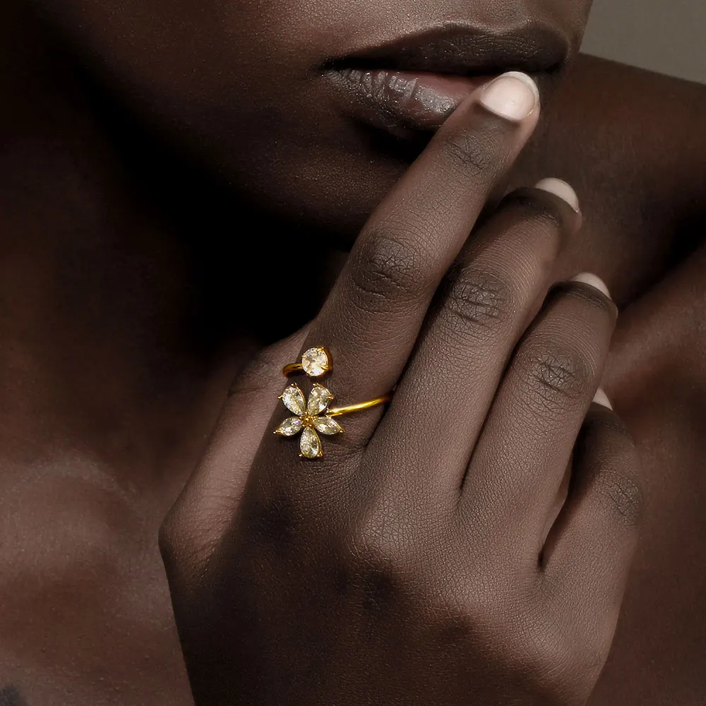 E.B.belle Elegant Style Double Layers Zircon  Flower Ring 18K Gold Plated Stainless Steel Women Open Finger Jewelry