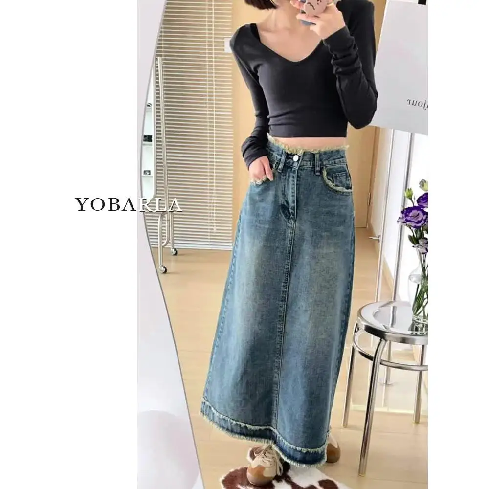 

Faionable High Waist Distred Denim Skirt Autumn Winter Women's Korean Sle Wide Leg Pants Cotton Blend Color