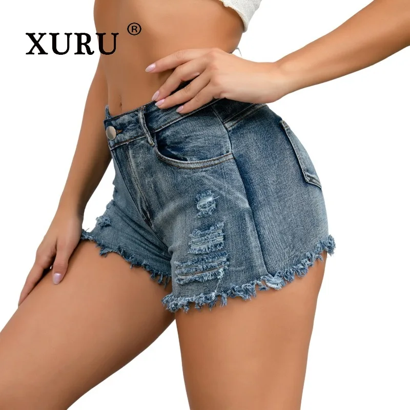 

XURU - New Women's Sexy Ripped Jeans, Y2k Clothes High Waisted Elastic Summer Denim Shorts Hot Pants