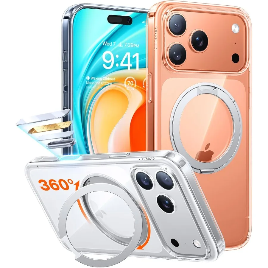 

Магнитная подставка 360° для iPhone 17 PRO с кнопкой управления камерой и совместимостью MagSafe Mil-Grade Protection Slim Soft Edge T