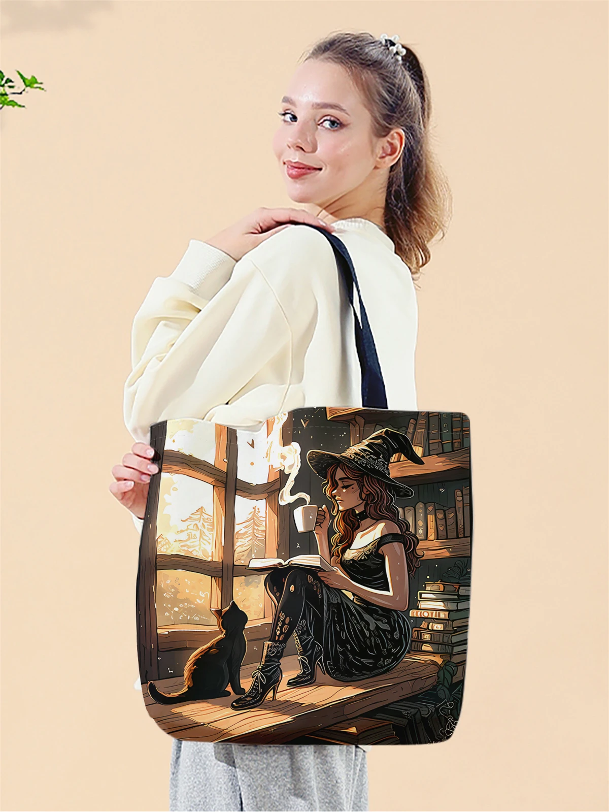 

1pc,Library witch handbag, reusable fashionable handbag, multifunctional handbag, printed canvas shopping bag