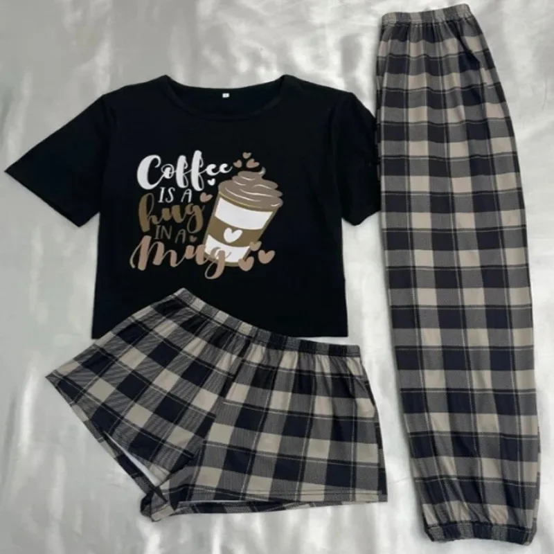 2024 Women\'s Cartoon Milk Silk Loungewear Thin Plaid Shorts Trousers Three-piece Set Pajama Women\'s Black 3pcs Pijama Elastic Pj