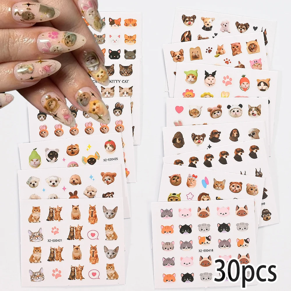 

30pcs 3D Cute Cat and Dog Nail Stickers - Fun Wearing Hats Design Pretty Puppy Kitty Star Nail Decals Kawaii Manicure Decoratio