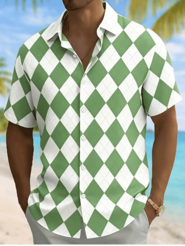 

3D Printed Colorful Geometry Shirt For Men Minimalist Grid Pattern T-Shirts Summer Loose Short Sleeve Tee Street Sport Lapel Top