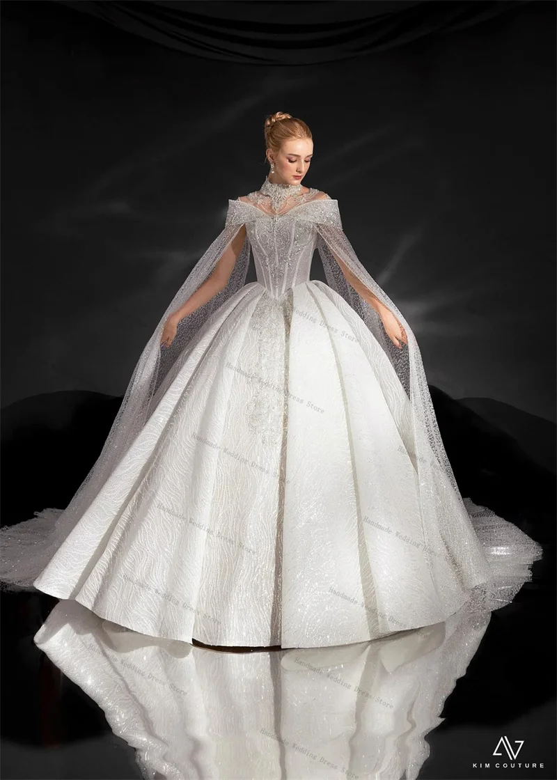 Luxury Wrap Wedding Dress Shiny Sequins Sexy Short Sleeves Tulle A Line Bridal Gown Customized Lace Up Back Long Church Robe