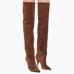 Arden Furtado 2025 Suede trouser legs boots Pointed Pleated Super high heel Over the knee boots Extra large size women's boots