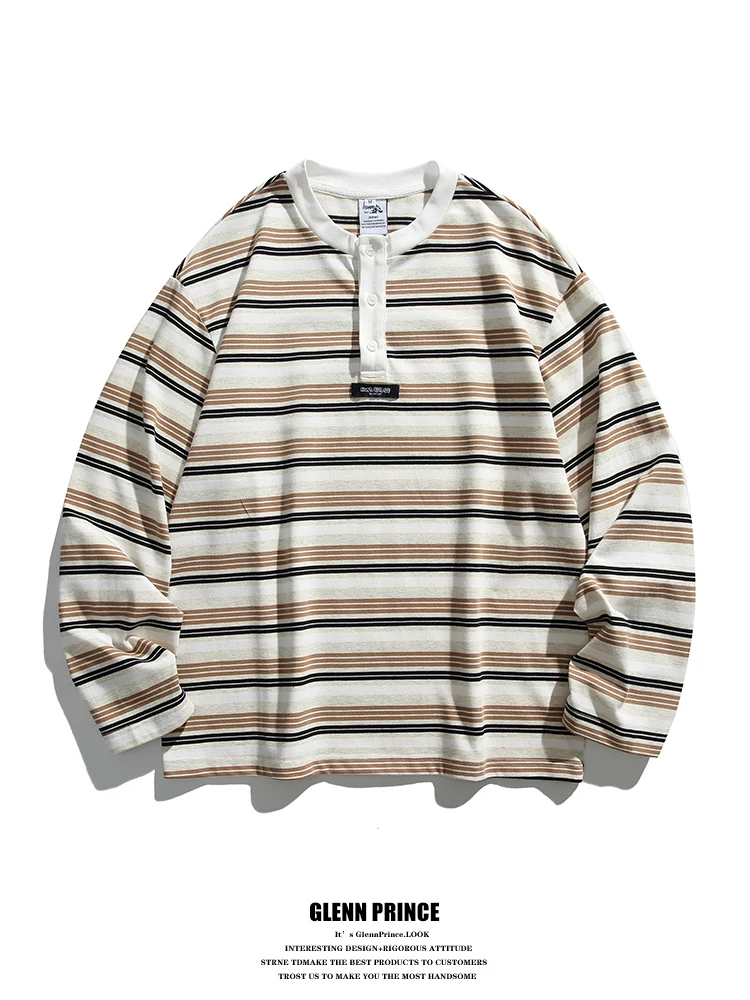 

Мужская винтажная футболка GPstudio для весны и осени, длинная, в полоску, свободного кроя, повседневная, в стиле «ленивый бойфренд»