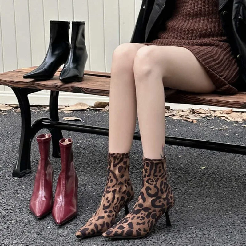 

Fashion Leopard Print Ankle Boots Women Pointed Toe High Heel Short Booties Winter Warm Shoes Elastic Slimming Short Boots Botas