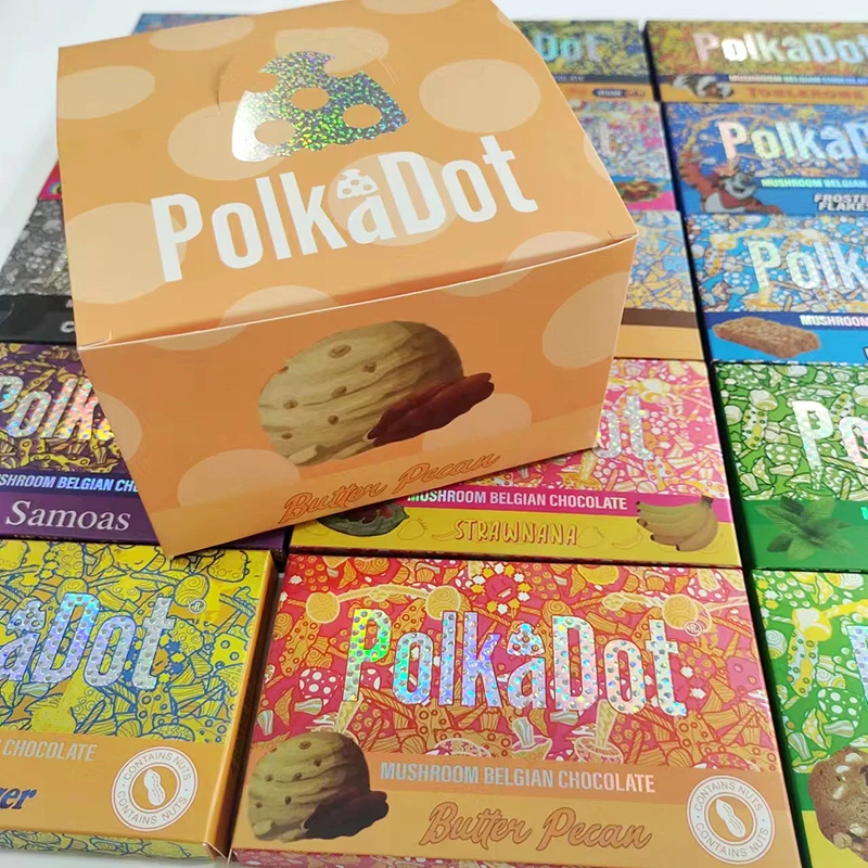 Tablette de Polk-A-Dot Chocolate emballée dans son étui coloré d'origine
