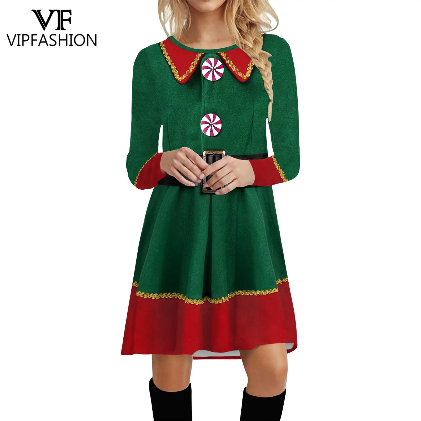 

VIP FASHION Christmas Elf Dresses Women 3D Printed Party Dress Fancy Xmas Costume Long Sleeved Suit Holiday Carnival Clothes