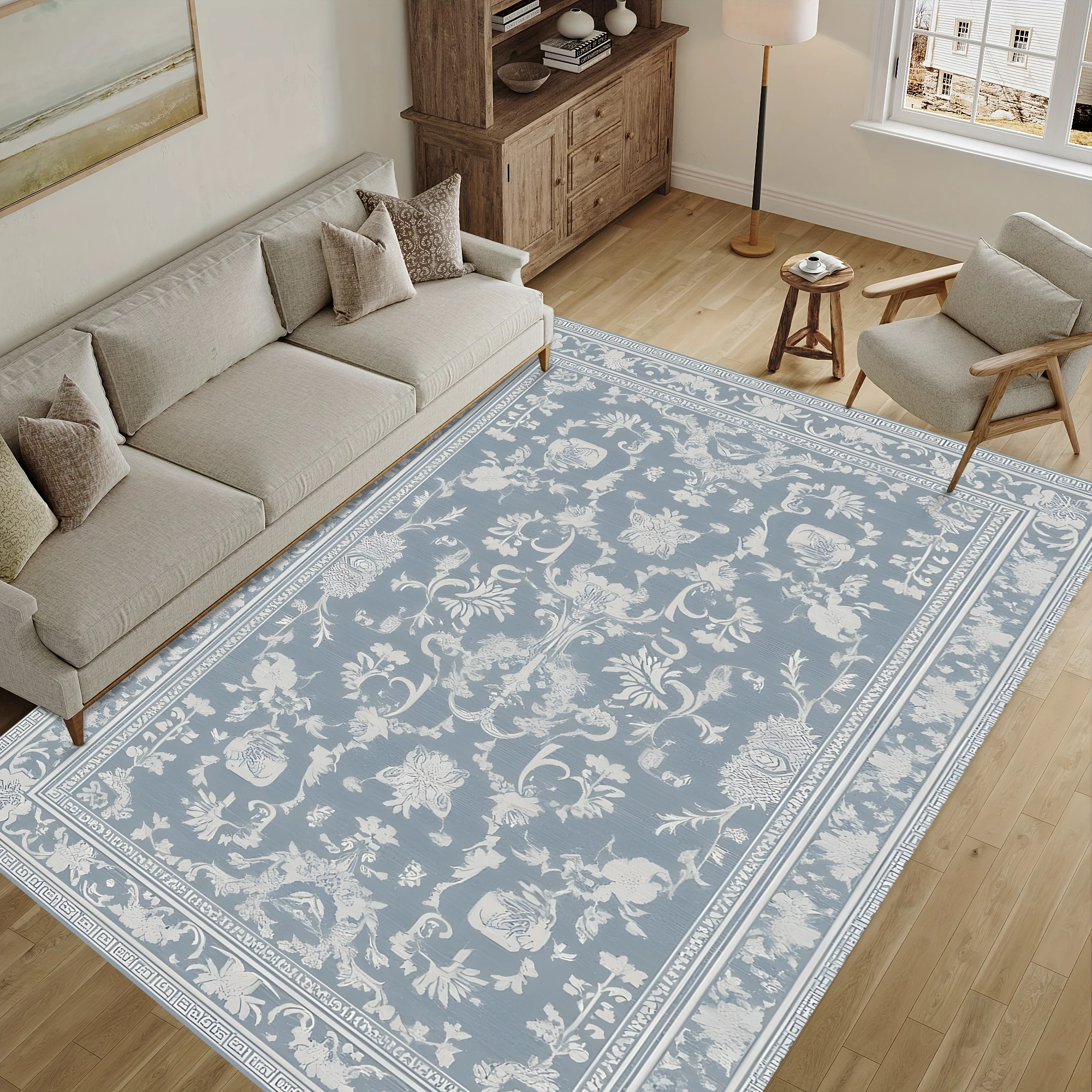 Gray European Retro Scroll Floral Velvet Area Rug, Vintage Light Luxury for Living Room Bedroom, Autumn Winter
