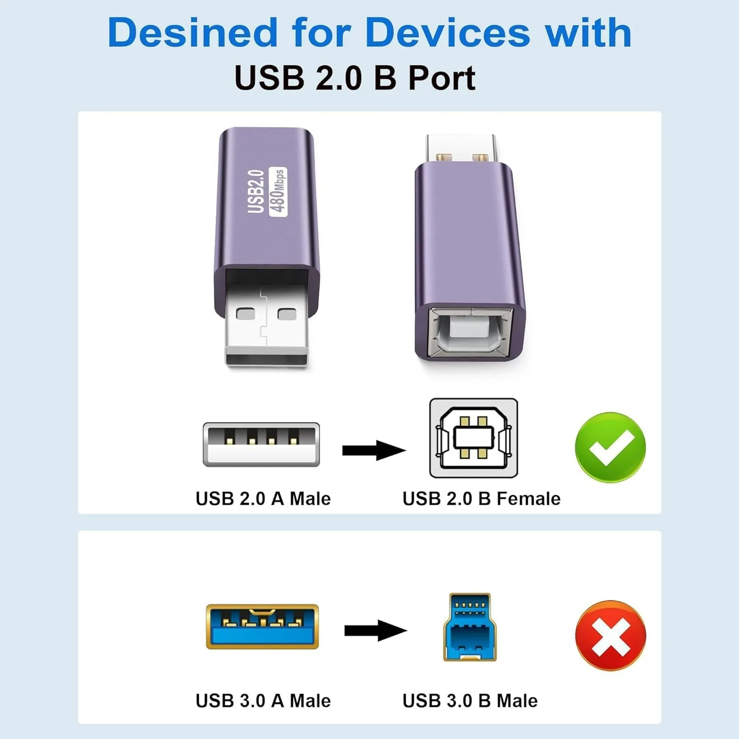 USB 2.0 B Female Printer Cable Adapter Type-A, Type-B, Type-C Plug to Type-B Jack Data Cable Connector 480Mbps 20W 9V2A Charging