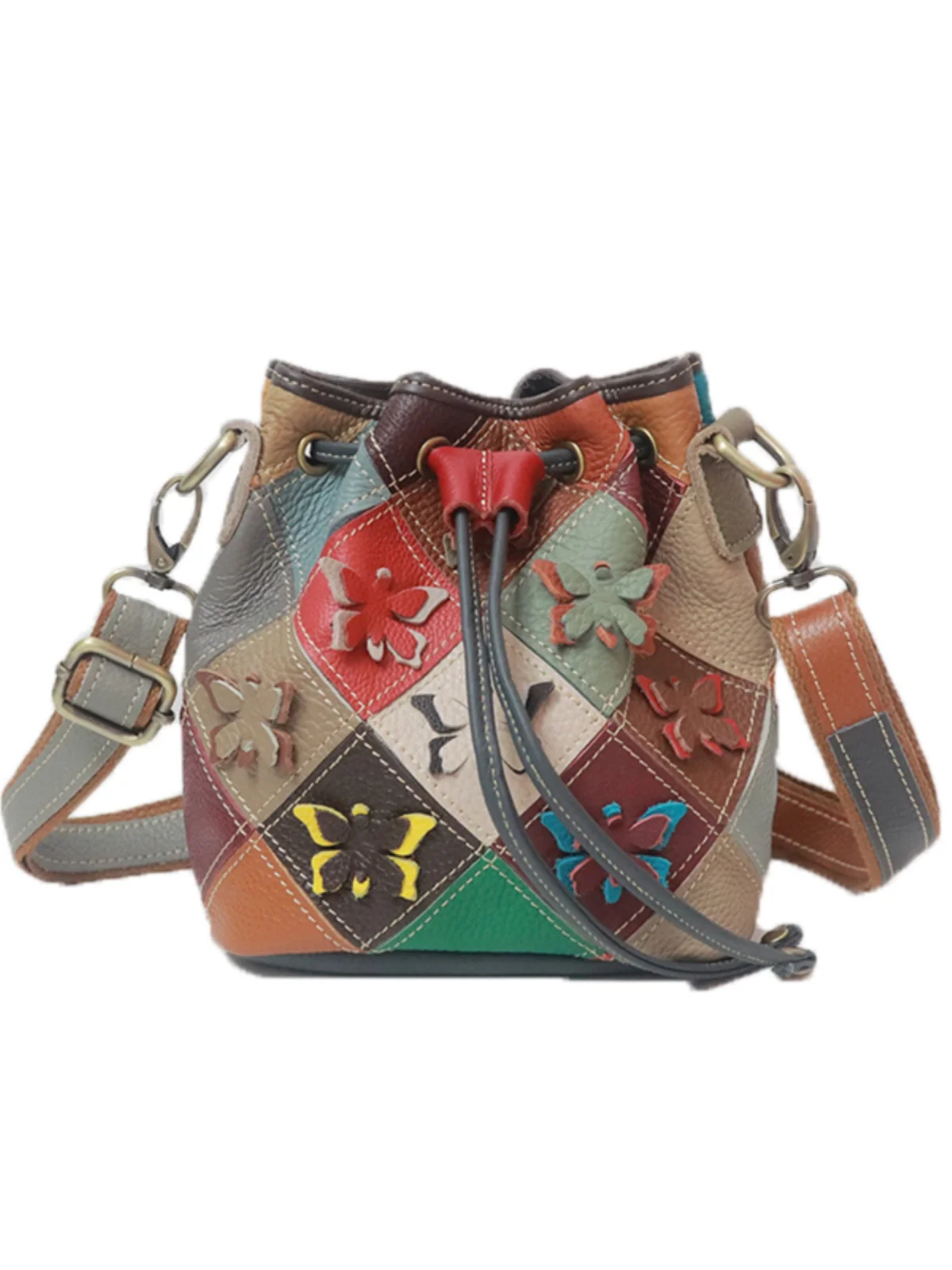 New Casual Leather Bucket Bag Soft Cowhide Crossbody Bag Simple Retro Commuter Women's Bag Carlfur Plant Floral Pattern