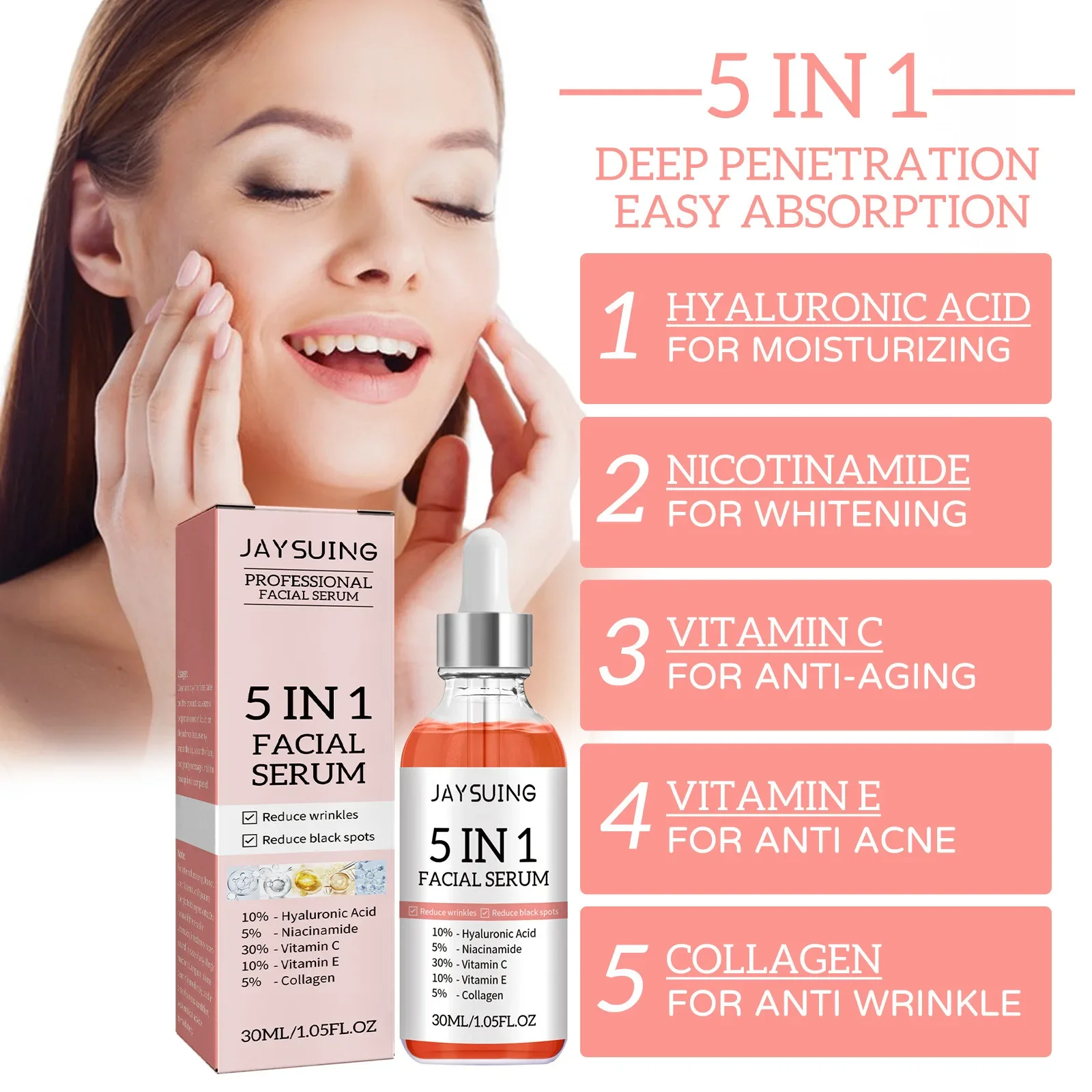 5 In 1 Face Serum Anti Wrinkle Hyaluronic Acid Moisturizing Whitening Aging Vitamin C Fade spots Shrink Pores New Skin Care ﻿