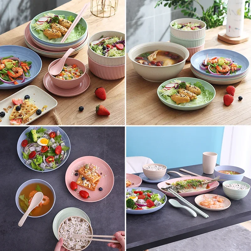 Wheat Straw Dinnerware Sets Lightweight Unbreakable Dishes Plates Bowls Spoons Microwave Dishwasher Safe Children Dinnerware Set