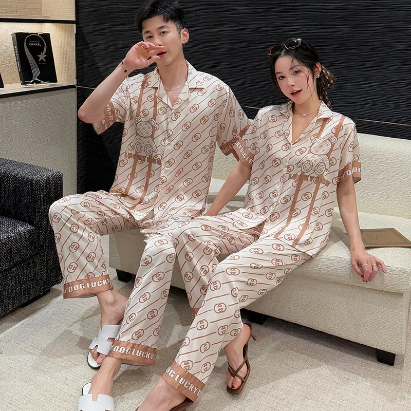 

2025 Spring Autumn Ice Silk Fashion Couple Pajamas Women Short Sleeve Pants Letter Print Two Piece Set Nightgown Sleepwear Home