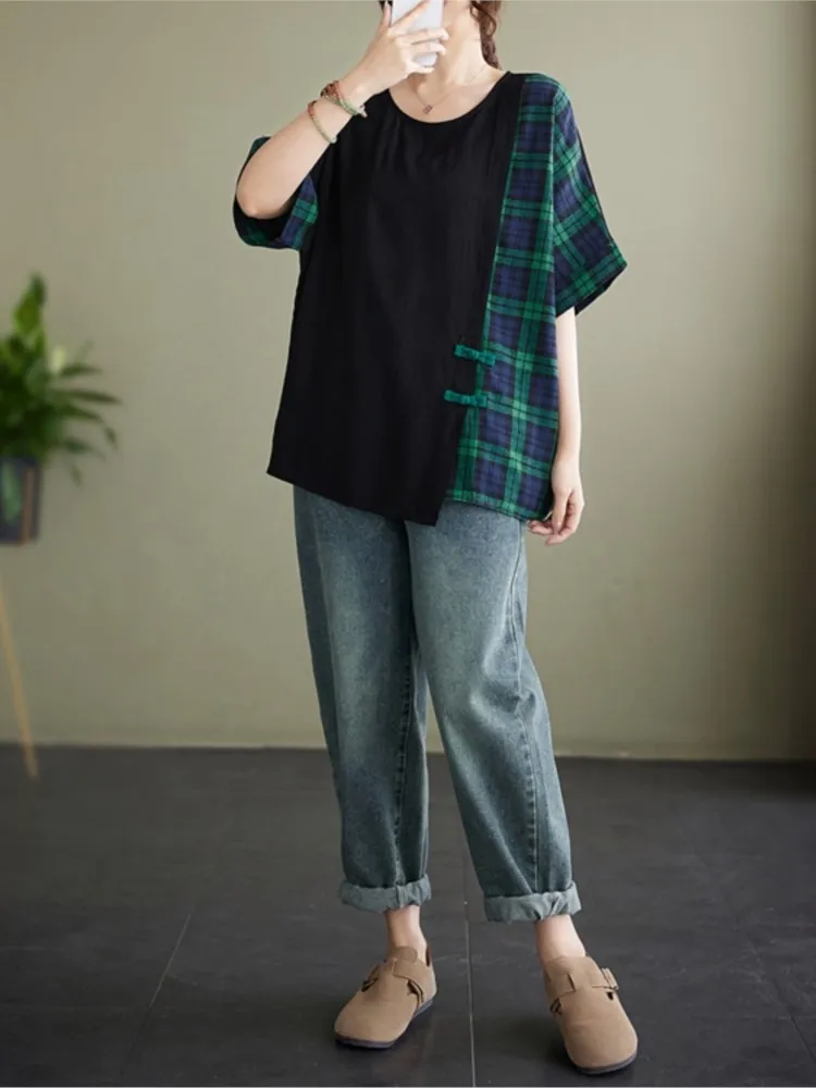 Oversized Summer T-Shirts Tops Women Plaid Print Patchwork Irregular Fashion Ladies Blouses Casual Loose Pleated Woman Tops