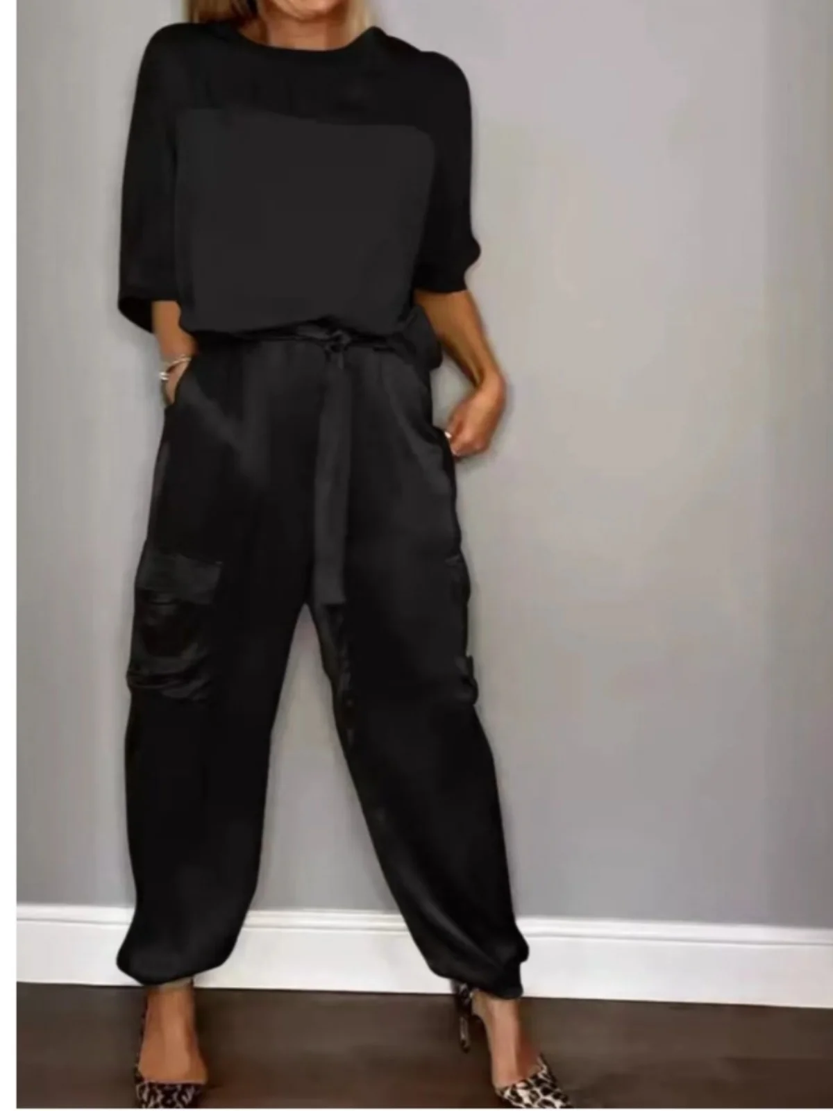 Spring Summer Color Block Smooth Satin Half Sleeve Loose Long Pants Casual Sport Two Piece Set round Neck Short Sleeve