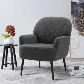 Image Accent Chair for Living Room, Wool Fabric Armchair, Single Sofa Chair with Arms, Metal Legs, Side Corner Chair for Reading