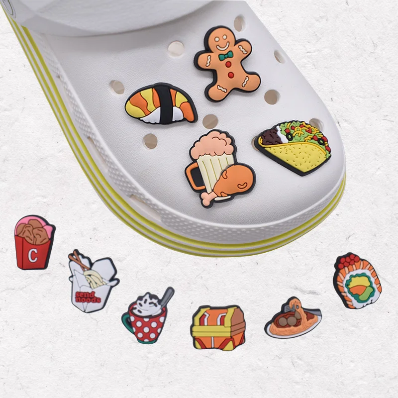 21PCSPVC Cartoon Shoe Charms Kawaii Food Pizza Ketchup Fried Chicken Beer Shrimp Coffee Buckle Clog Children Adorable Decoration