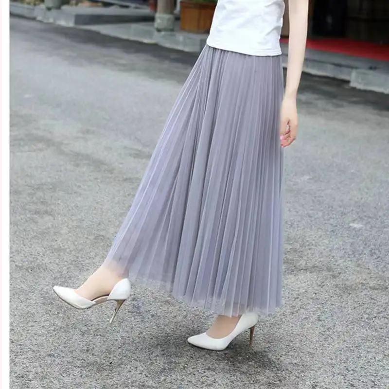 Vintage Tulle Skirt Women Streetwear Elastic High Waist Mesh Pleated Skirts Summer Elegant Korean A Line Office Ladies Skirt New