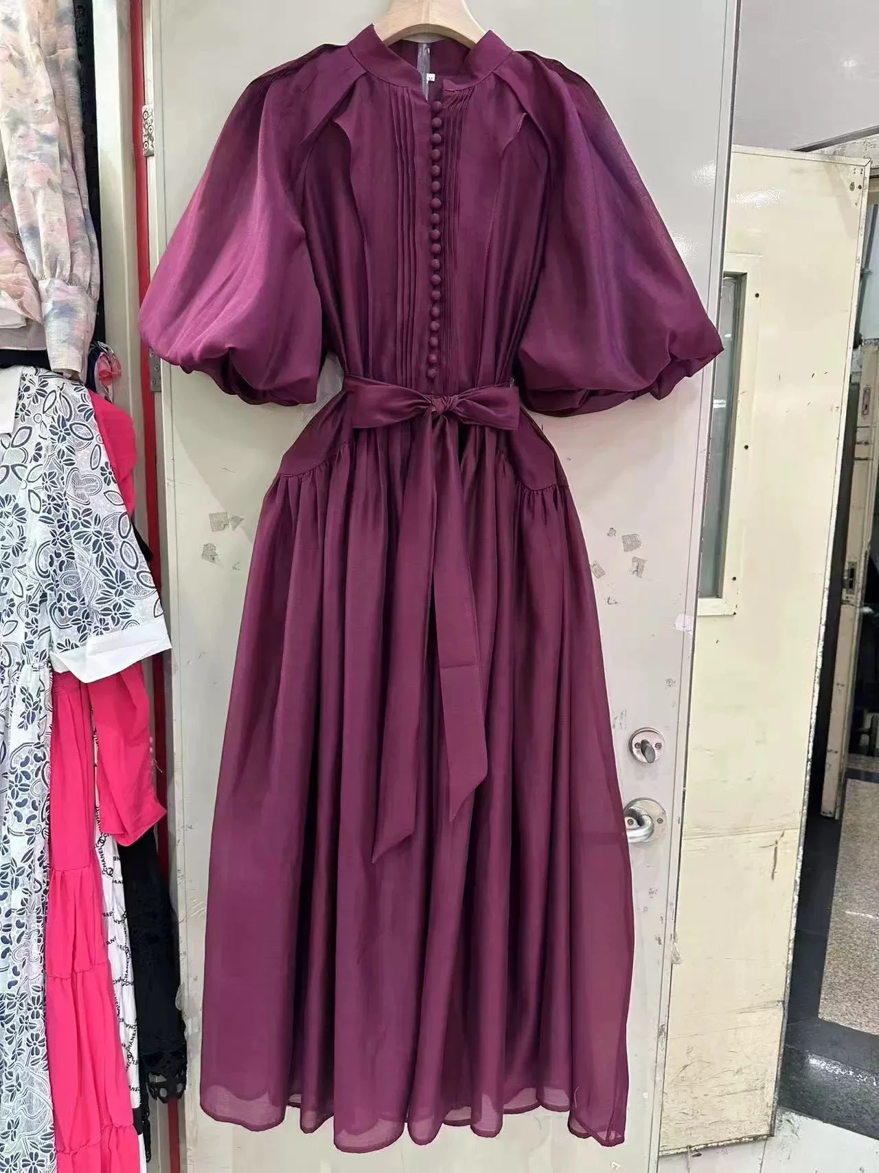 

2025 Retro Spring and Summer Dress Single Breasted Puff Sleeve Dress Belt-GZDL173