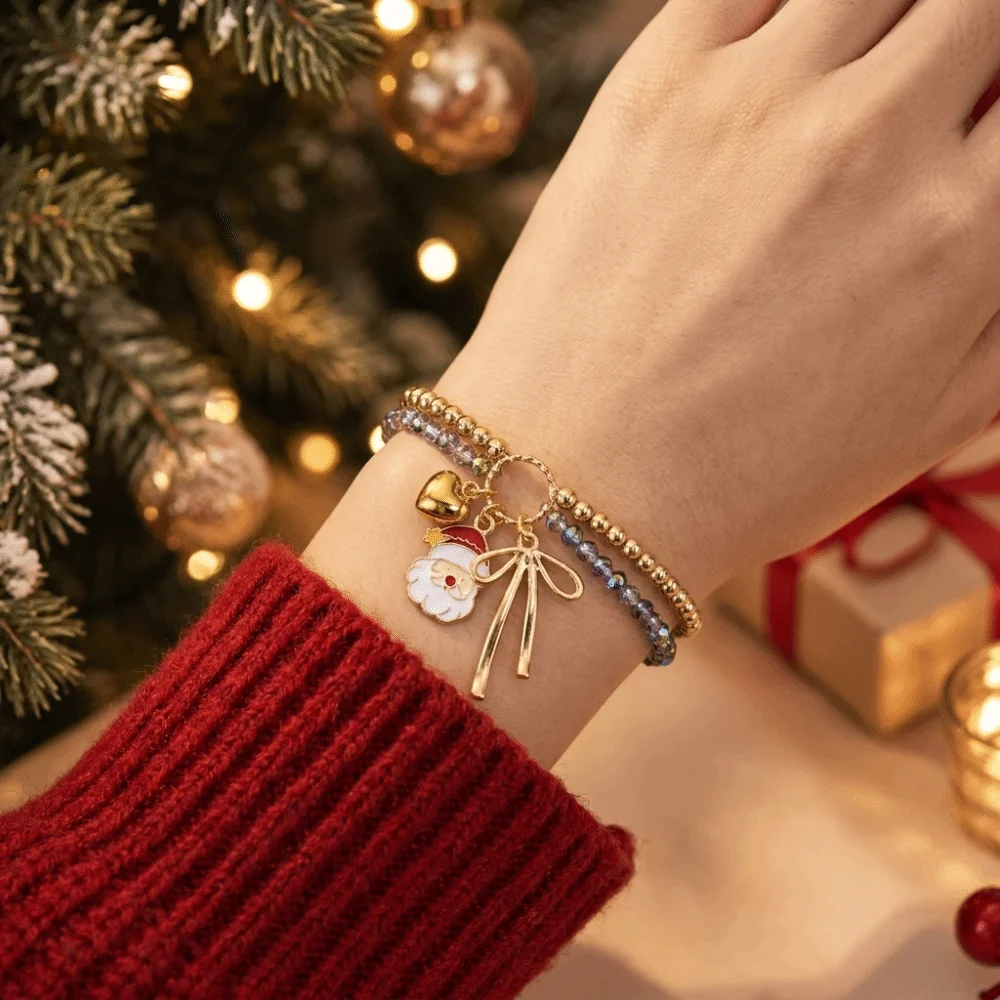 Adjustable Christmas Braided Hand Chain Santa Claus Christmas Tree Pendant Bracelet Stackable Cartoon Woven Rope Couple Gifts