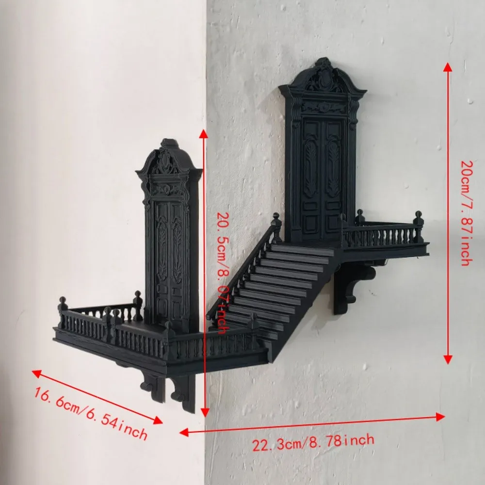 3D Printed Gothic Staircase Display Shelf Ornate Carving Wall Mounted Wall Mount Stair Shelf Plastic Black Floating Display Rack