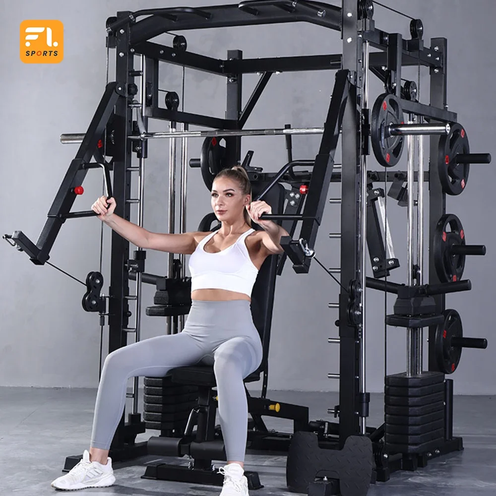 Smith Machine, Multifunction Power Cage with Smith Bar and Two LAT Pull-Down Systems and Cable Crossover Machine for Home Gym