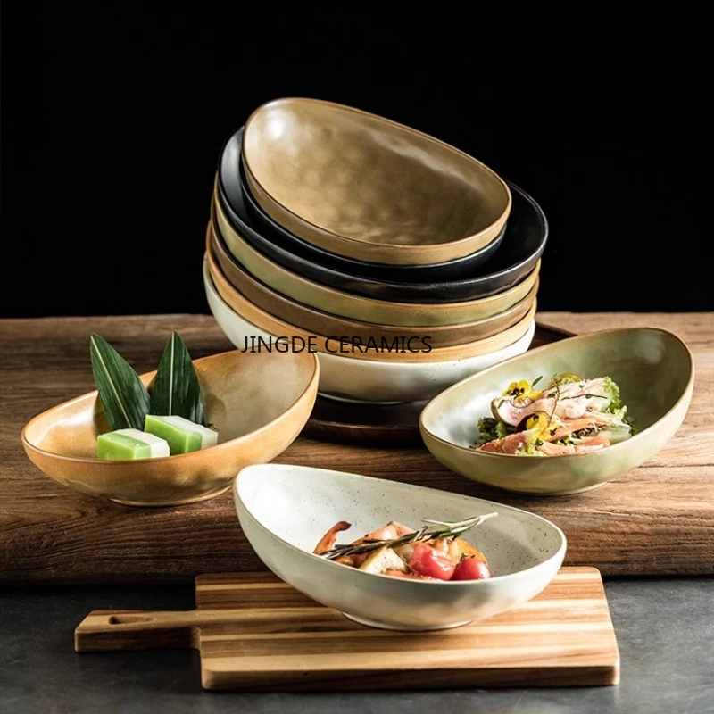 

1pc Japanese Irregular Ceramic Plate Dessert Fruit Salad Bowl Kitchen Utensils 9-inch/12 Inch Underglaze Colored Vegetable Bowl