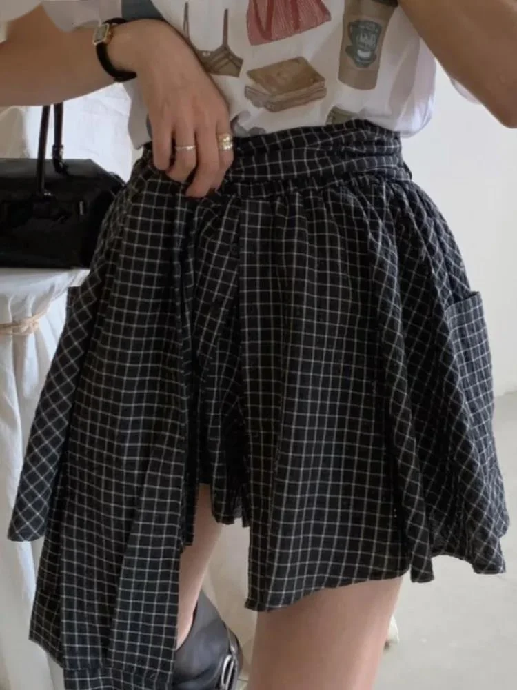 

Vintage high waist all-match fake 2 piece lace up large pocket plaid skirt Elegant High Waist A-line skirts 2024 summer