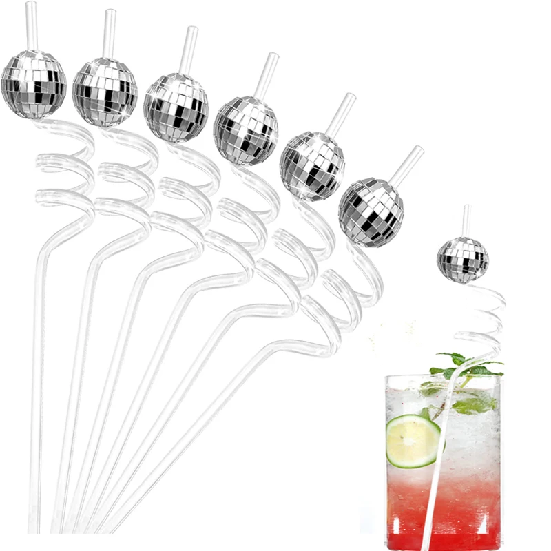 

6/24pcs Mirror Disco Ball Straws Silver 70s Decorative Straws Mini Disco Straw Decor Disco Party Decorations for Wedding Birt