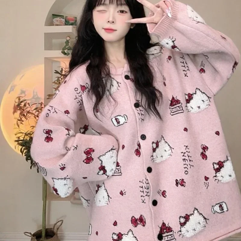 Hello Kitty Long Sleeved Cardigan Sweater Kawaii Cartoon Sweet Jacquard Knit Round Neck Casual Loose Versatile Jacket Women Y2k