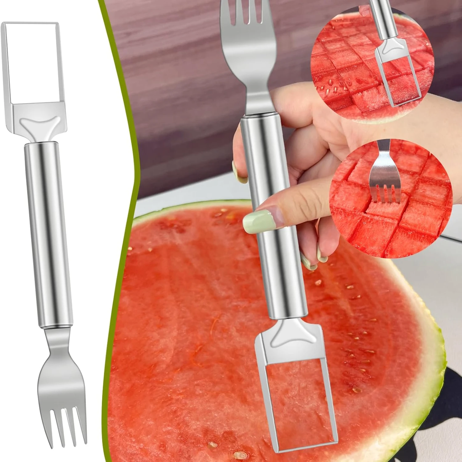 2 PACK 2-in-1 Watermelon  and Fork, 9.5 Inch Stainless Steel Fruit  Slicer Tool