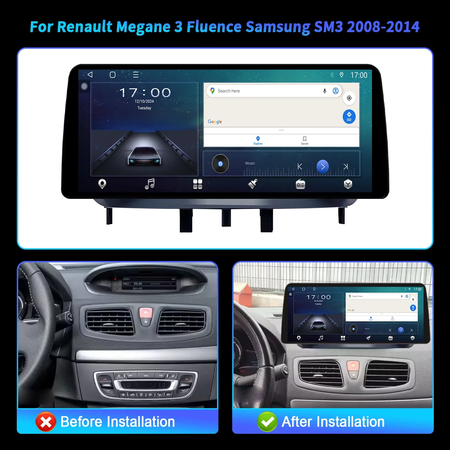 12.3 inch Android 14 For Renault Megane 3 Fluence Samsung SM3 2008 2009 2010-2014 BT Carplay Car Radio Multimedia Touch Screen