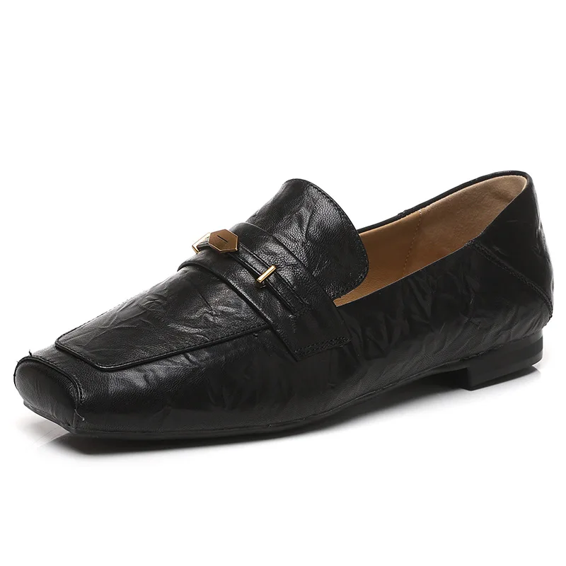 2026 Spring Summer Sheepskin Shoes Women Flats Genuine Leather Fashion Brand Ladies Party Shoes Black Brown D687