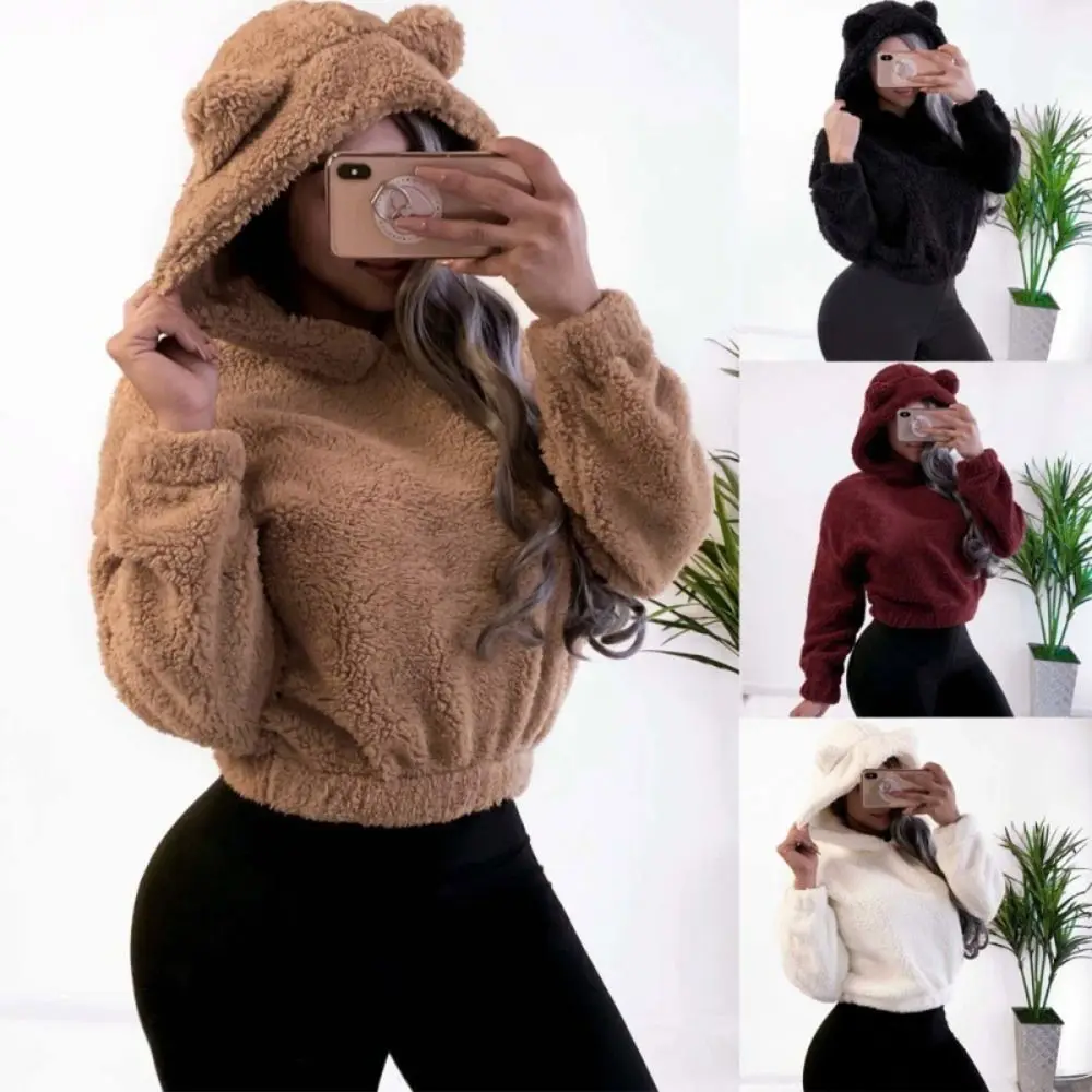 Casual Long Sleeve Bear Ear Hoodies Outwear Fuzzy Hoodies Pullover Clothes Solid Color Fleece Sweatshirt Winter
