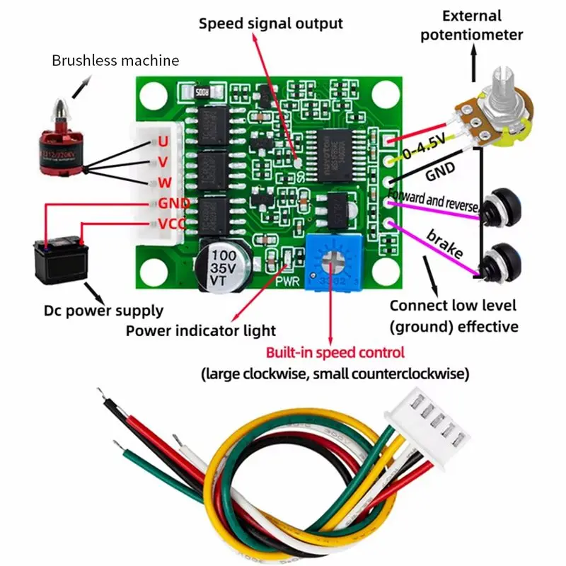DC 6-20V 60W BLDC Motor Driver, Brushless 12V Speed Controller 3-Phase Governor, Hallless Switch Module And Cable