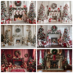 Christmas Fireplace Scene Photography Backdrops Christmas Tree Gifts Adults Kids Portrait Family Party Photo Background Props